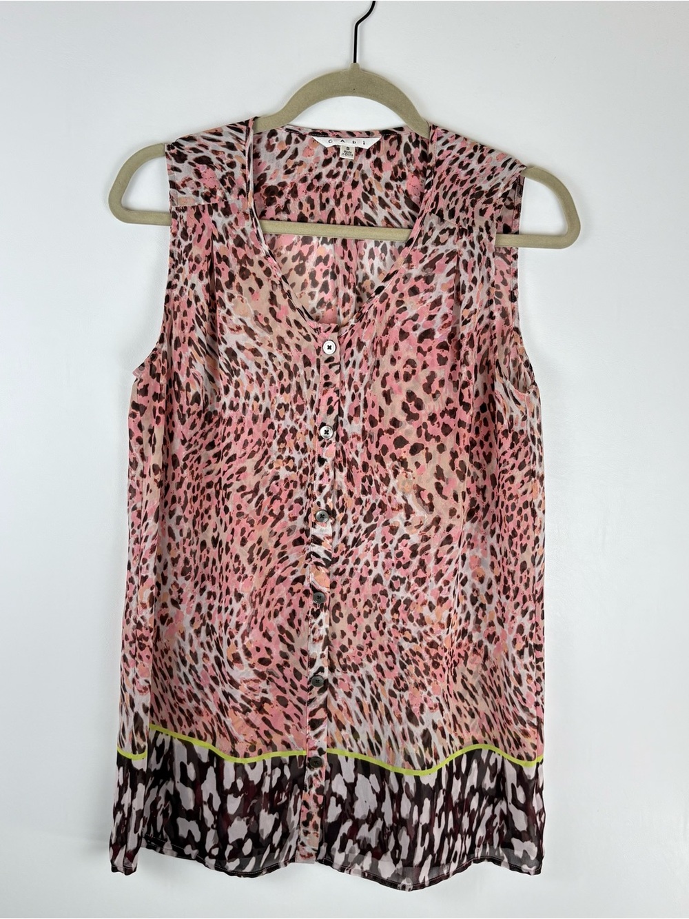 Cabi Womens Small Button Blouse Top Sleeveless Leopard Pink Shirt Animal Print